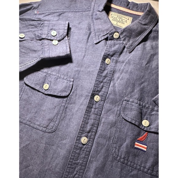 Nautica Linen Blend Chambray L/S Shirt L Blue Patriotic 90's - Picture 6 of 12
